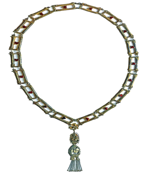 Die Ordenskette des Schwanenritterordens mit Gliedern aus Gold und Weiß, roten Herzen und dem Kleinod mit dem Schwan
