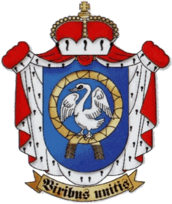 Wappen des Schwanenritterordens: weißer Schwan auf blauem Schild mit Goldkranz, Hermelinmantel und Krone